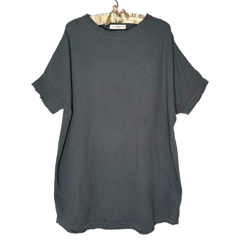 Natural Life Blue Cotton Gauze Relaxed Boho Tunic Pullover Dress Short Sleeve M